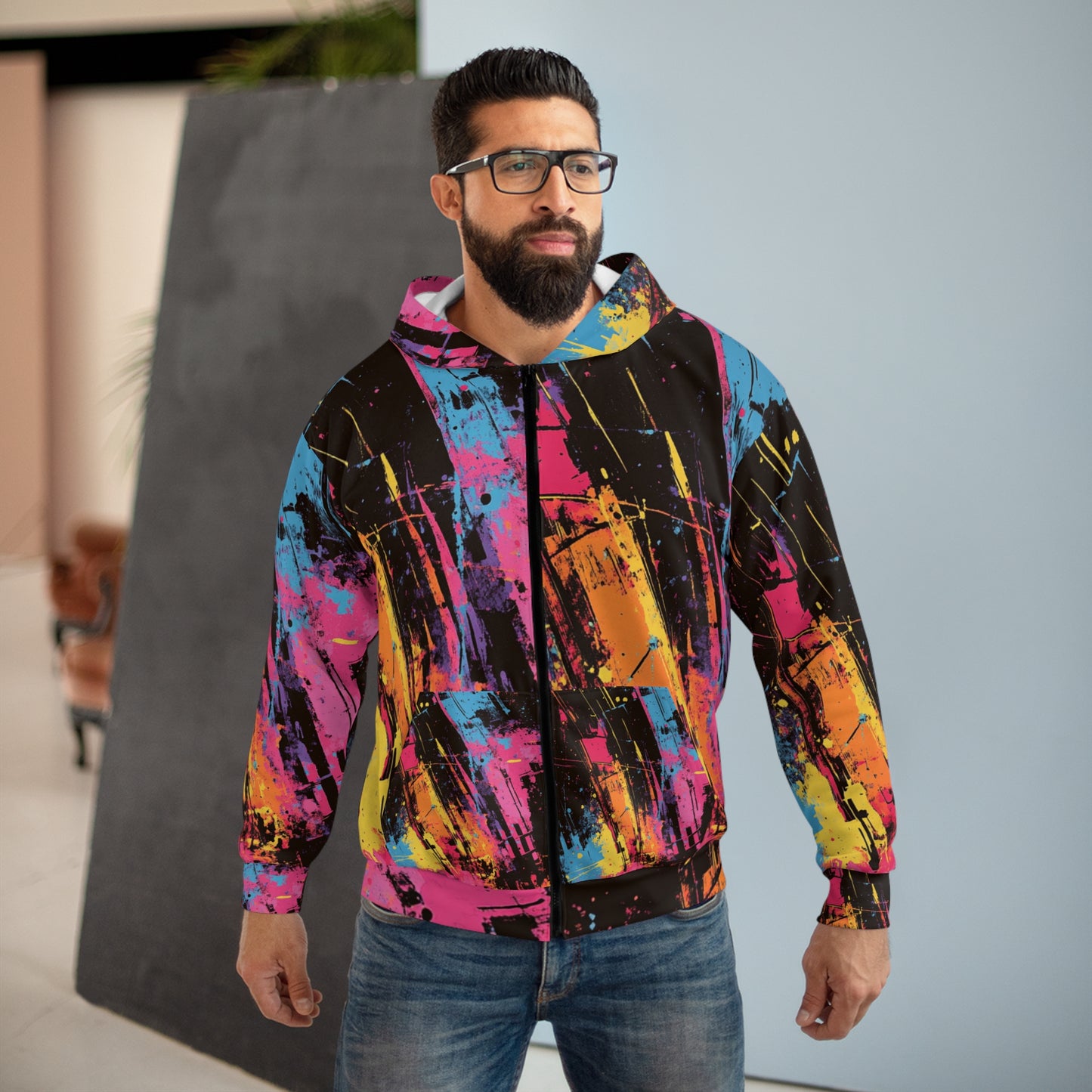 Graffiti-tyylinen vetoketjullinen fleece- huppari Color splash