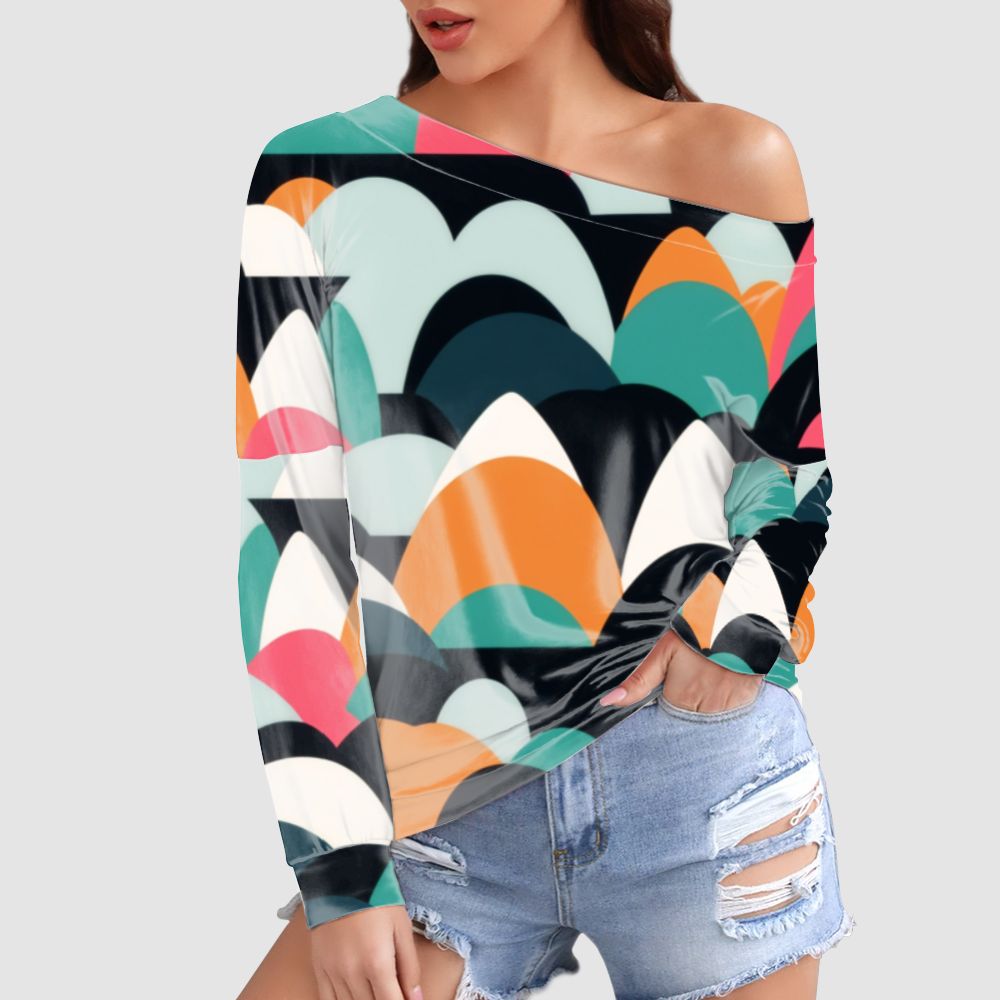 Long-sleeved off-shoulder shirt, stone wave